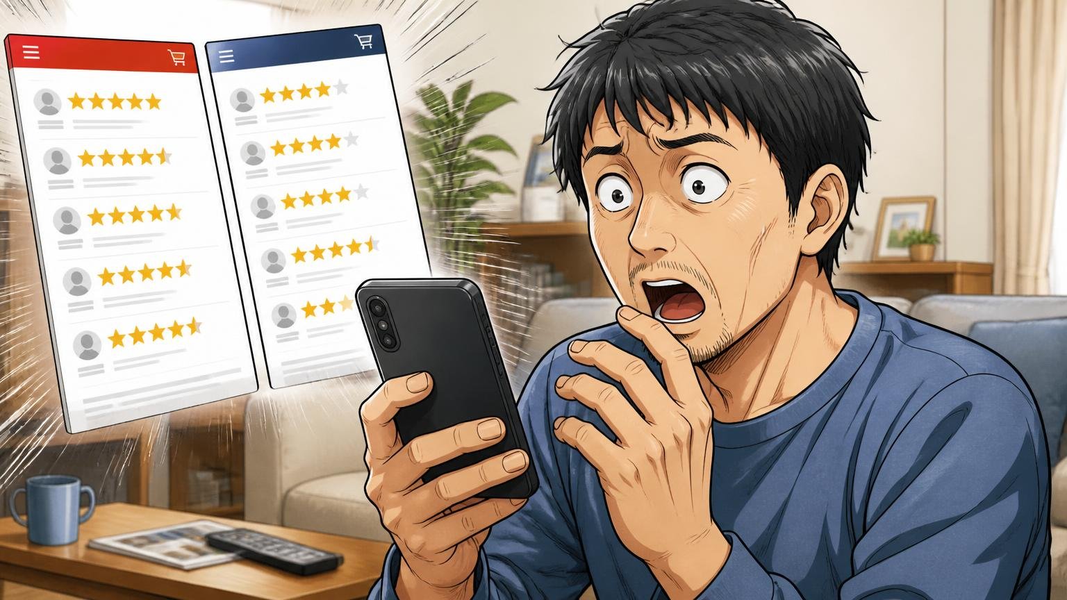 楽天でも公式ストアでも★4〜5が中心【星の内訳】 自宅のリビングでスマホのレビュー画面を見比べる場面 40代男性1人 目を見開いて驚く表情
