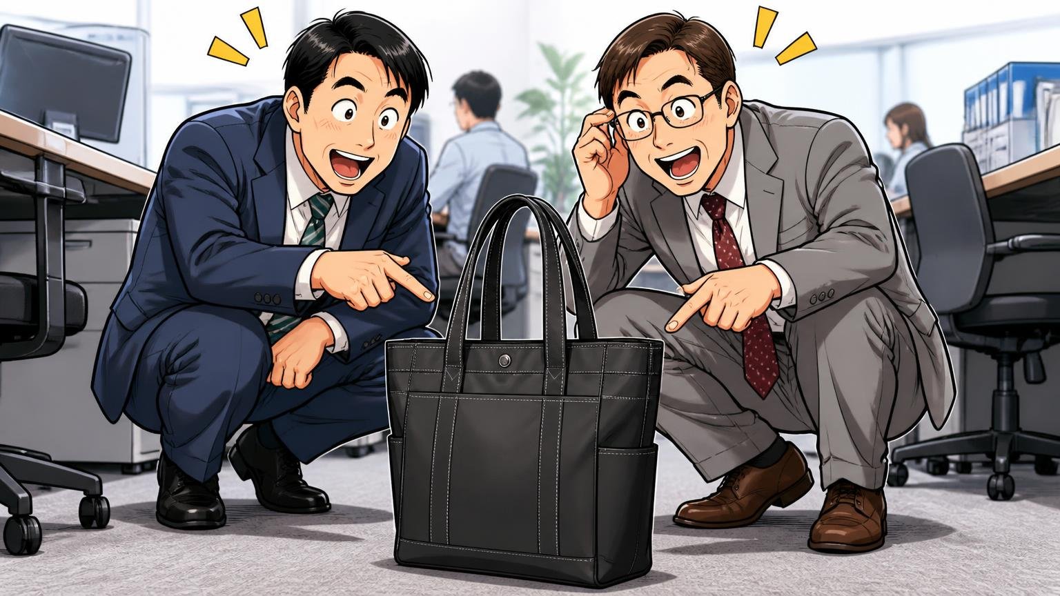 良い評判は「収納・自立・雨に強い」に集中　オフィスの床に自立したトートバッグを置く場面　30代と40代の会社員2人が感心して指さす