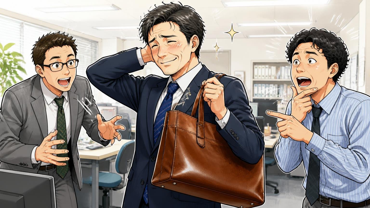 良い評判は「革の柔らかさと艶」「軽さ」「仕事での好印象」、オフィスで革トートを同僚2人に褒められ照れる40代男性