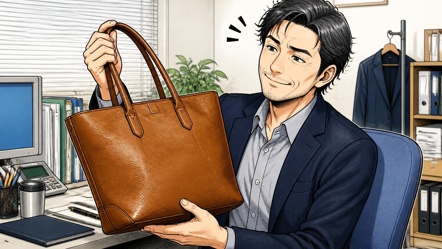 良い評判は「人と被らないデザイン」「革の質感」「たっぷり入る容量」/オフィスのデスク脇で革のトートを手に取り、満足げに頷く40代男性1人
