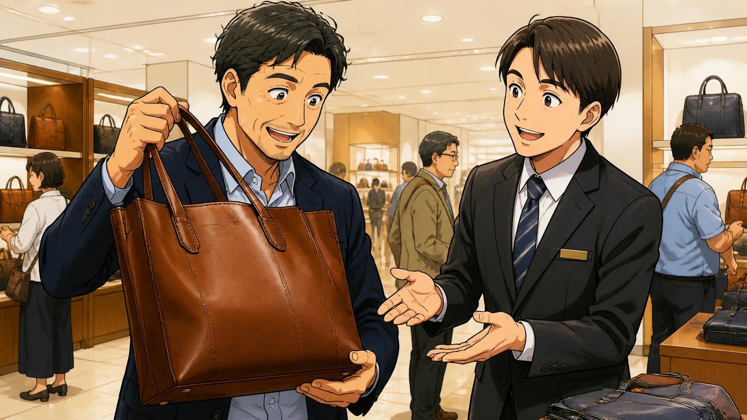 良い口コミで多いのは「色艶・シンプルさ・店舗で選べる安心感」　百貨店の売り場で革のトートを手に取り色艶を確かめる40代男性と店員の2人が笑顔