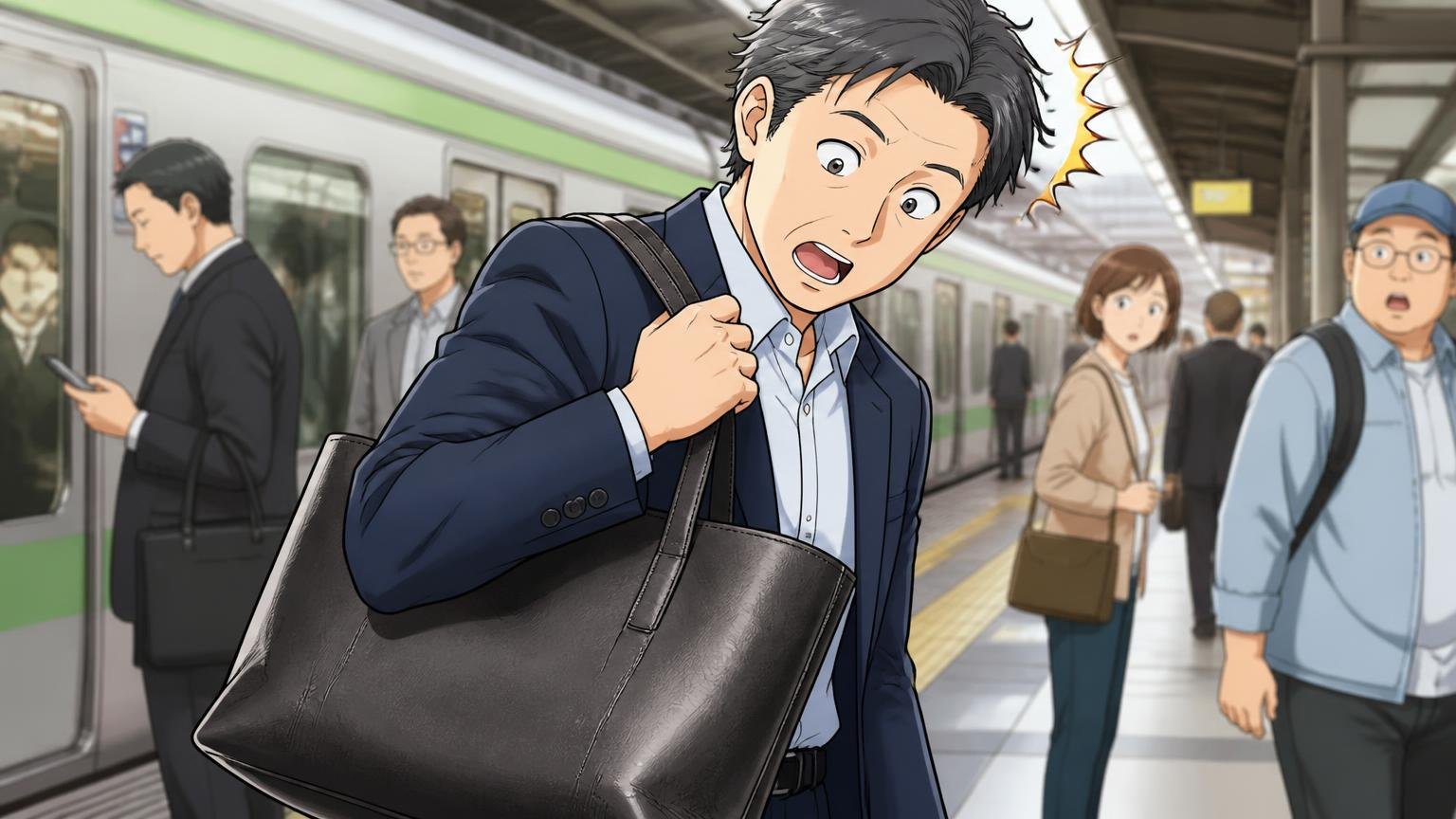 良い評判の傾向は「軽い・ポケットが使いやすい・派手すぎない」通勤電車のホームで革トートを肩に掛ける40代男性1人が軽さに驚く