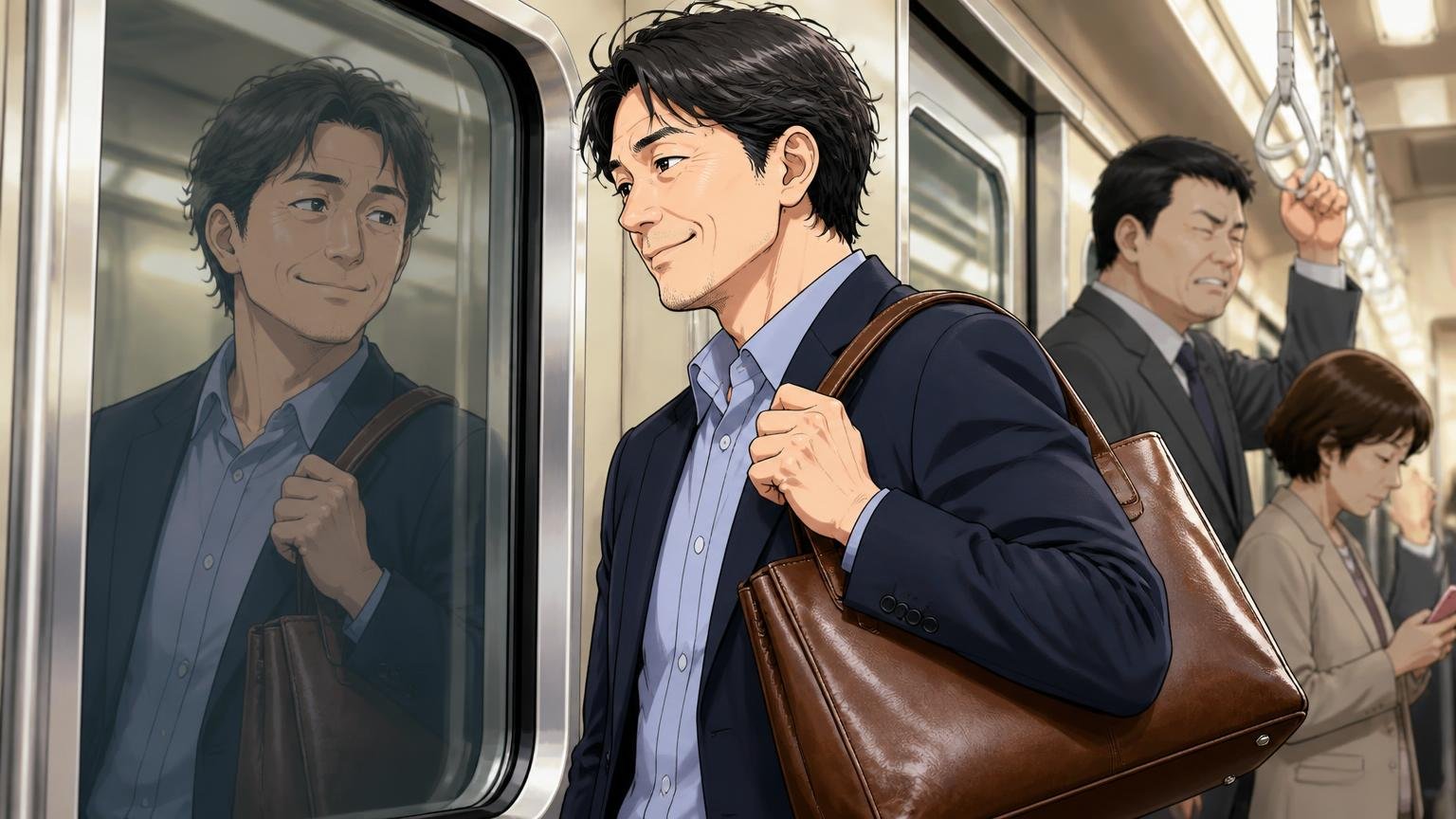 良い評判は「この価格でこの革とデザイン」に集まっている：通勤電車の車内で革のトートバッグを肩に掛けた40代男性が窓に映る姿を見て満足げに微笑む場面