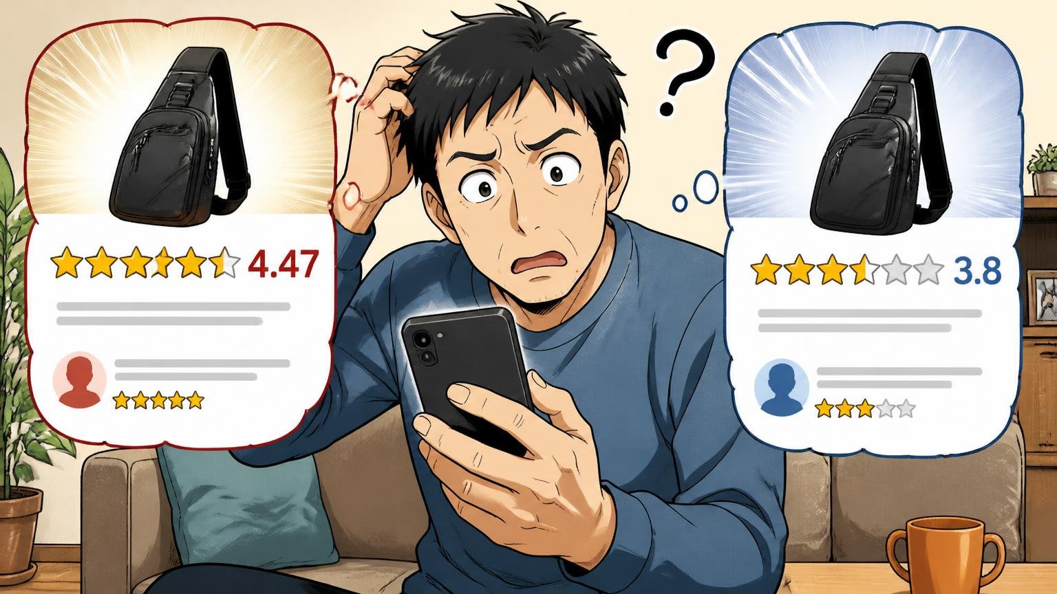 楽天は4.47、Amazonは3.8｜同じバッグで評価が割れる理由 自宅のリビングでスマホの口コミを見比べる40代男性が首をかしげる場面