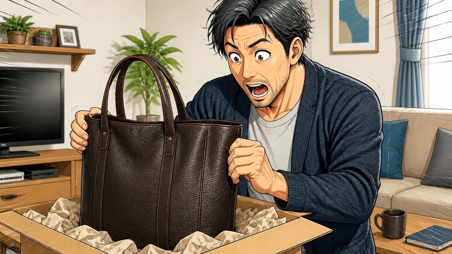 良い口コミ：価格の割に見える高級感 自宅のリビングで届いた革トートを開ける場面 40代男性1人が目を見開いて驚く
