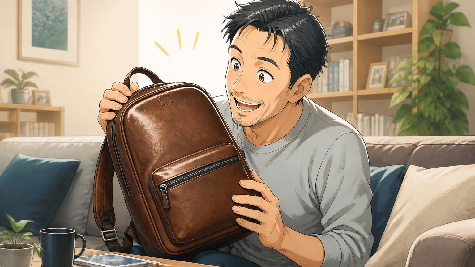 良い口コミ・評判は「見た目」「革の質感」「通勤での使いやすさ」に集中、自宅のリビングで革リュックを眺める40代男性1人が思わず笑顔になる場面