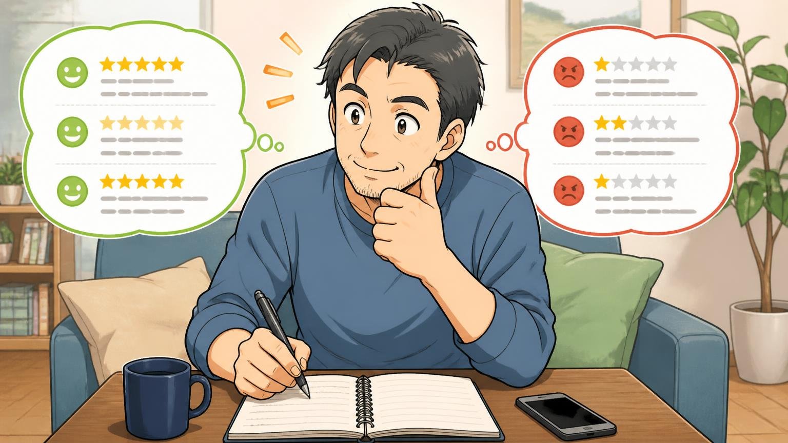 良い評判と悪い評判を一覧で整理すると 自宅のリビングで口コミを見比べる40代男性1人がメモを取りながら頷く場面
