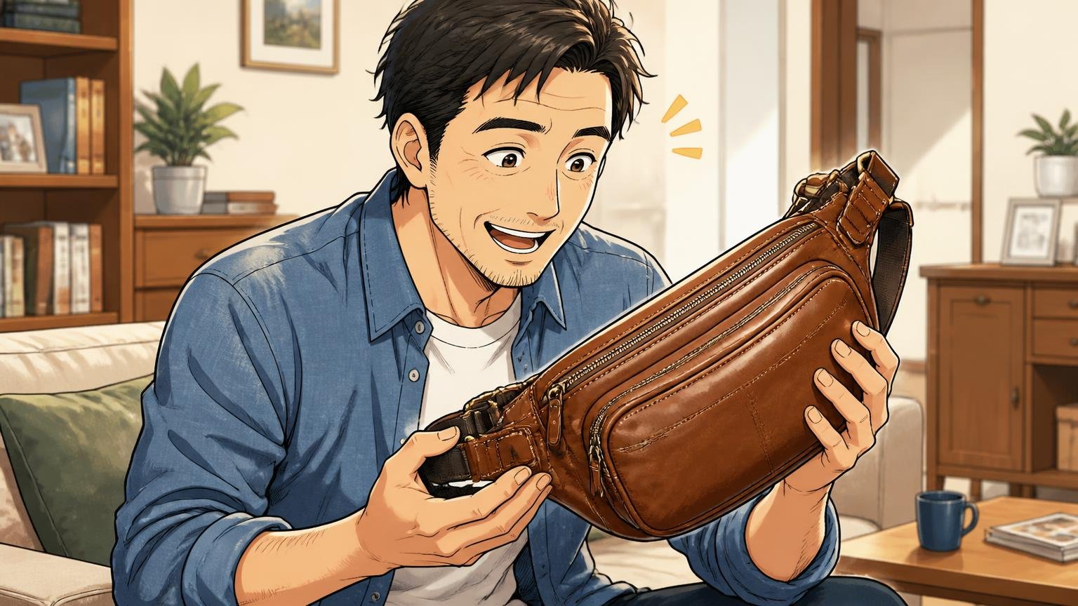 良い評判は「革質と縫製」「ちょうどいいサイズ」「重すぎない」の3つ 自宅のリビングで革のボディバッグを手に取り笑顔で眺める40代男性1人