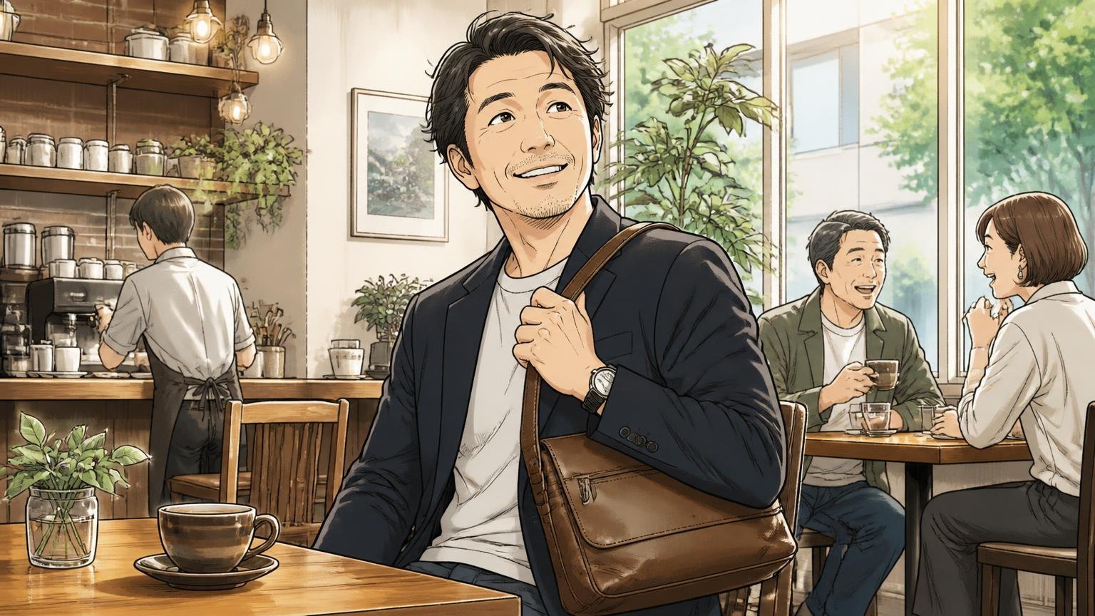 良い口コミで多いのは「しっとりした革」「革なのに軽い」「ちょうどいい収納」休日のカフェで革のショルダーを肩にかけた40代男性が満足そうに笑う場面
