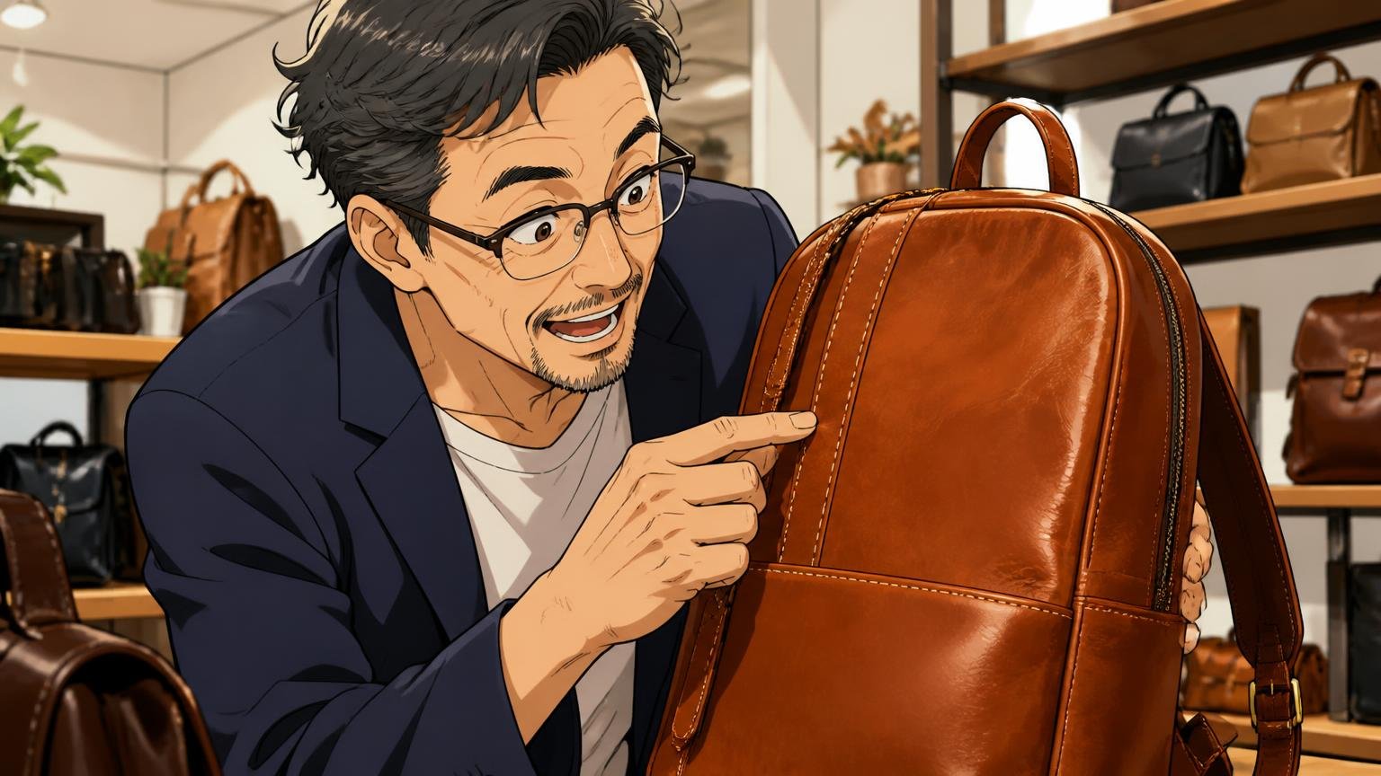 良い評判の傾向：革の質感・作りの丁寧さ・ロゴに頼らない上質さ 店舗で革リュックの縫い目を確かめる40代男性1人が感心する場面