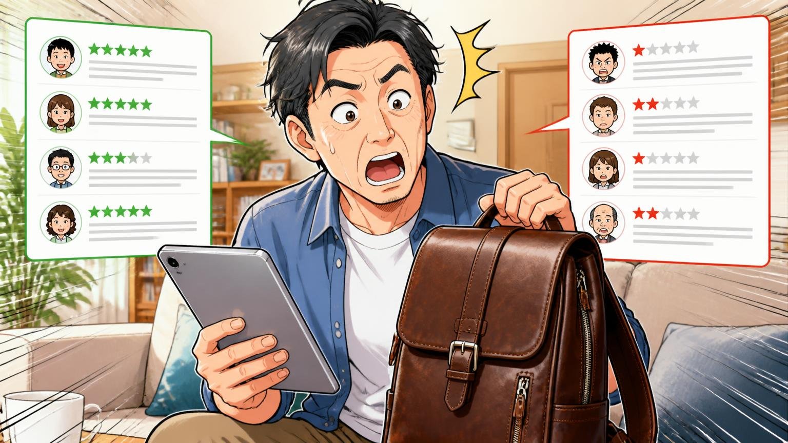 良い評判と悪い評判を一覧でチェック、自宅のリビングで革のリュックを手に口コミを見比べる40代男性1人が驚く場面