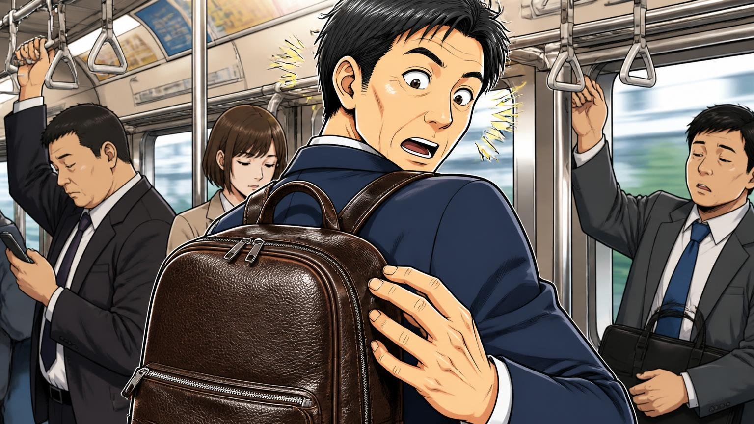 良い口コミ｜「軽い」「高級感がある」「PCが別ポケットに入る」　通勤電車で革のリュックを背負い驚く40代男性1人