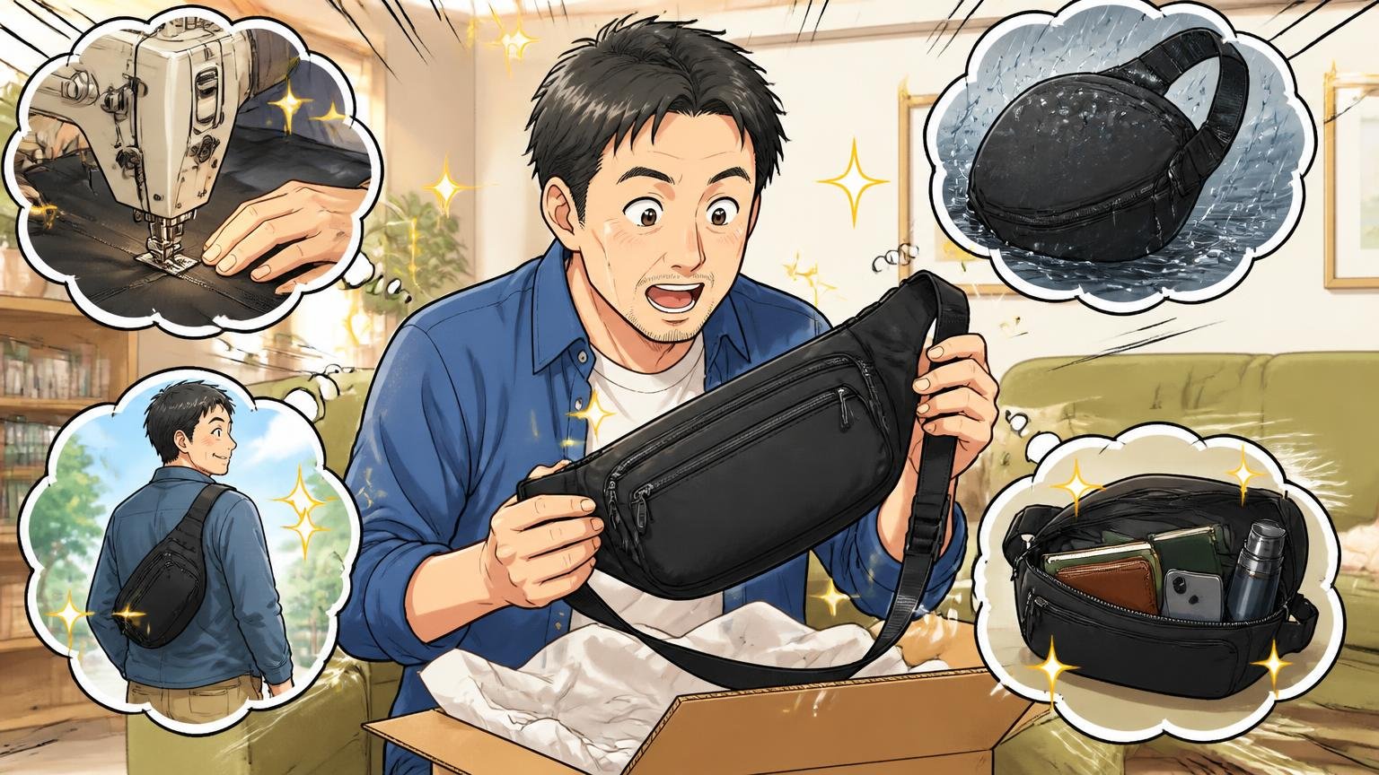 良い評判：日本製の丁寧な作り・長く使える・雨に強い・ちょうどいい収納 自宅のリビングで届いたボディバッグを開ける40代男性が笑顔で驚く場面