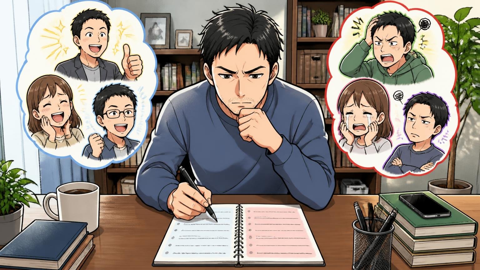 良い評判と悪い評判を一覧で整理すると、自宅のデスクでノートに口コミを書き出す40代男性が真剣な表情で比べる場面