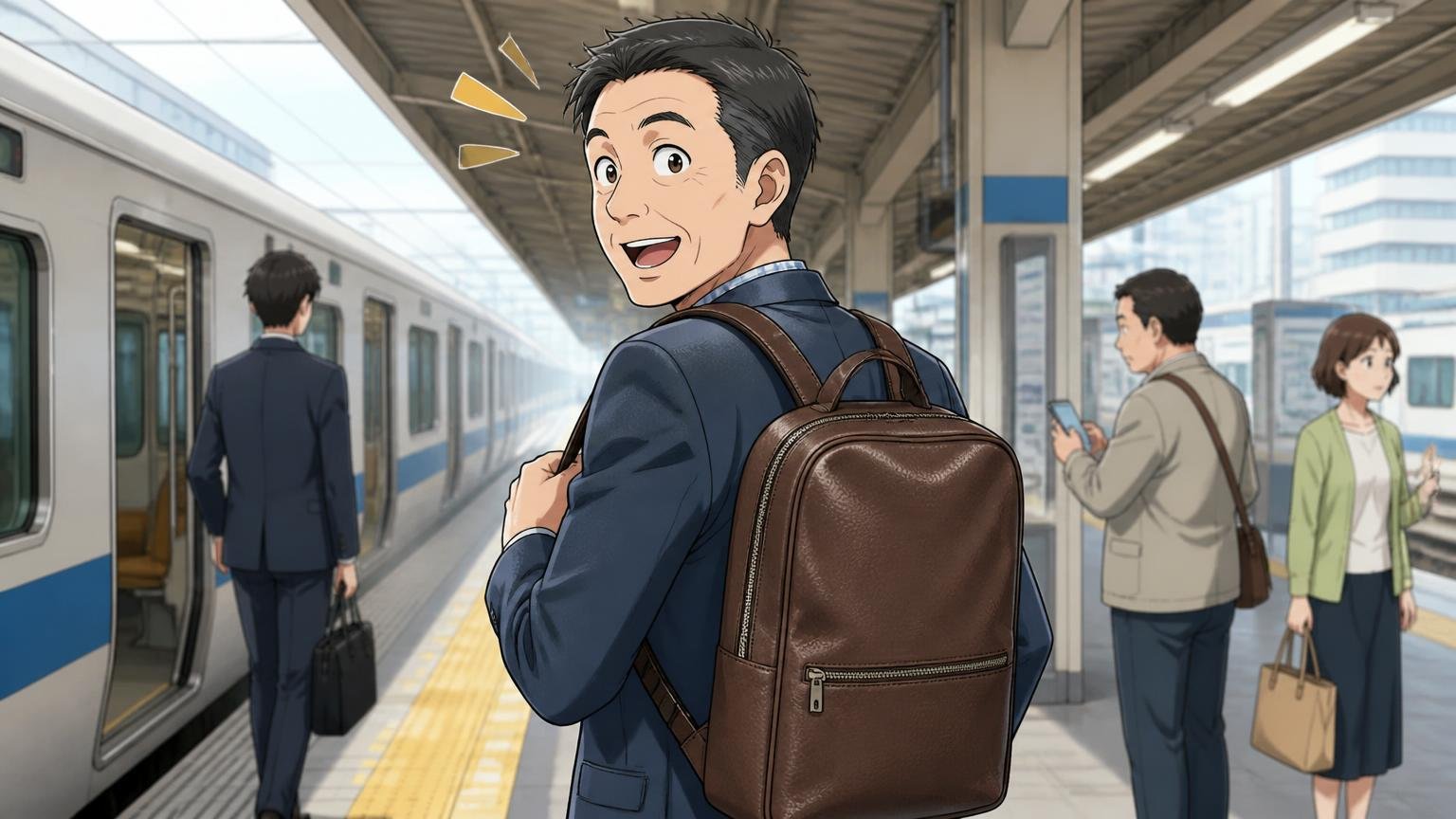 良い評判は「軽さ・ファスナーの滑らかさ・価格に対する革の質感」、朝の駅のホームで革リュックを背負った40代男性1人が軽さに驚いて笑顔になる場面
