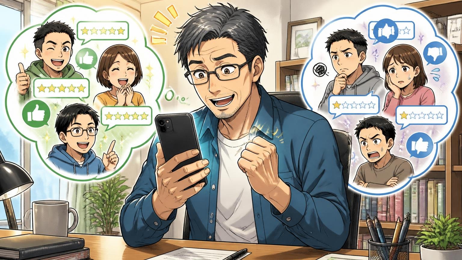 良い評判と気になる評判を30秒でまとめると、自宅の書斎で40代男性1人がスマホの口コミを見比べて大きくうなずく場面