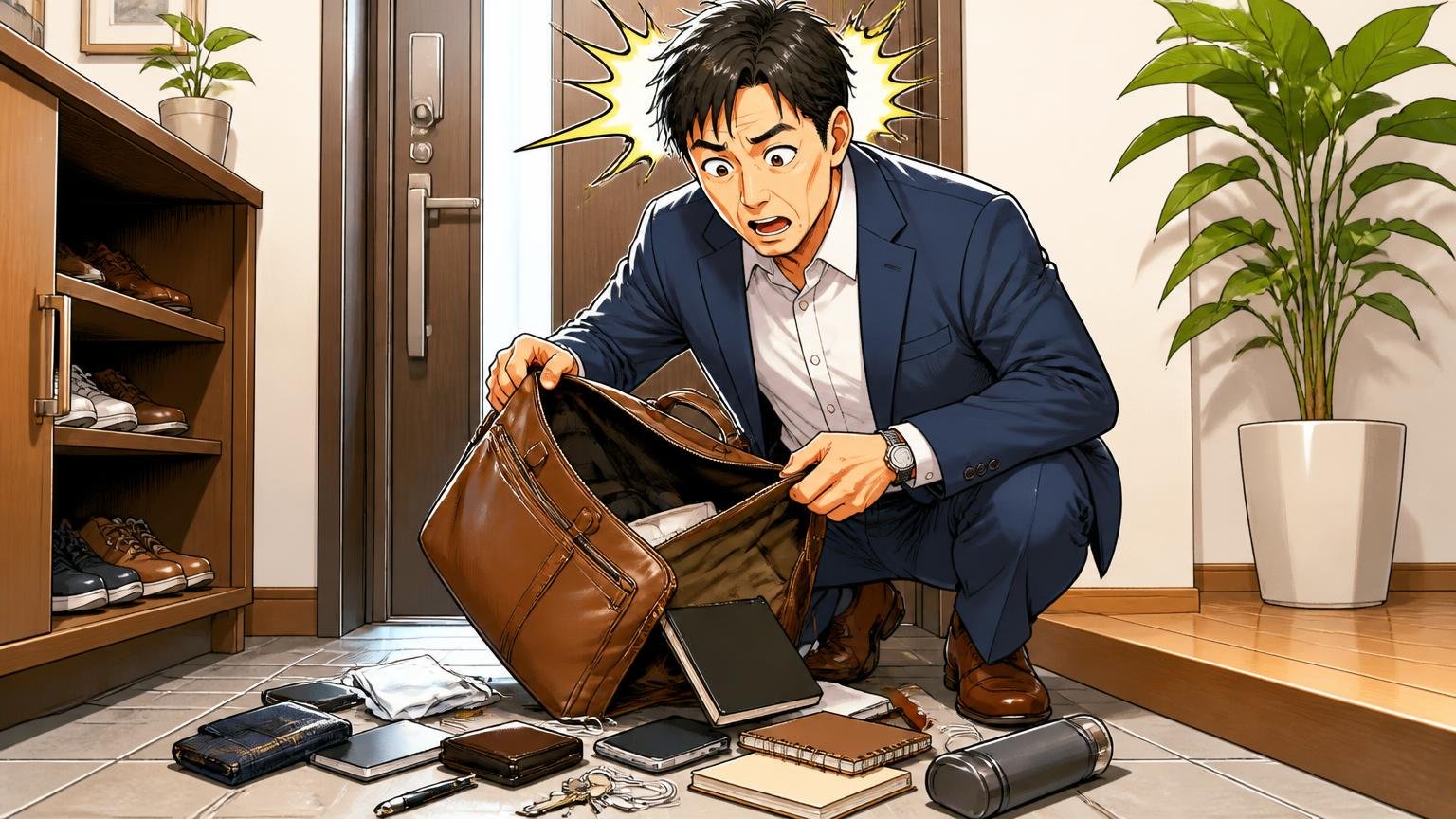 今日から変えられるのは「使い方」と「保管」 自宅の玄関で革のビジネスバッグの中身を出す場面 40代男性1人がはっとした表情