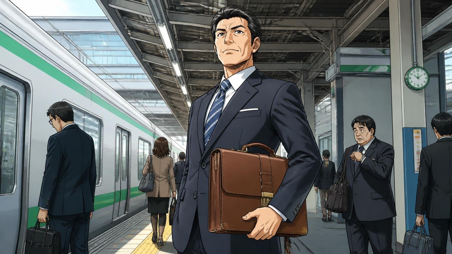 スーツで通勤・商談・出張するならソメスサドル、朝の駅のホームでブリーフケースを提げて胸を張る40代男性1人