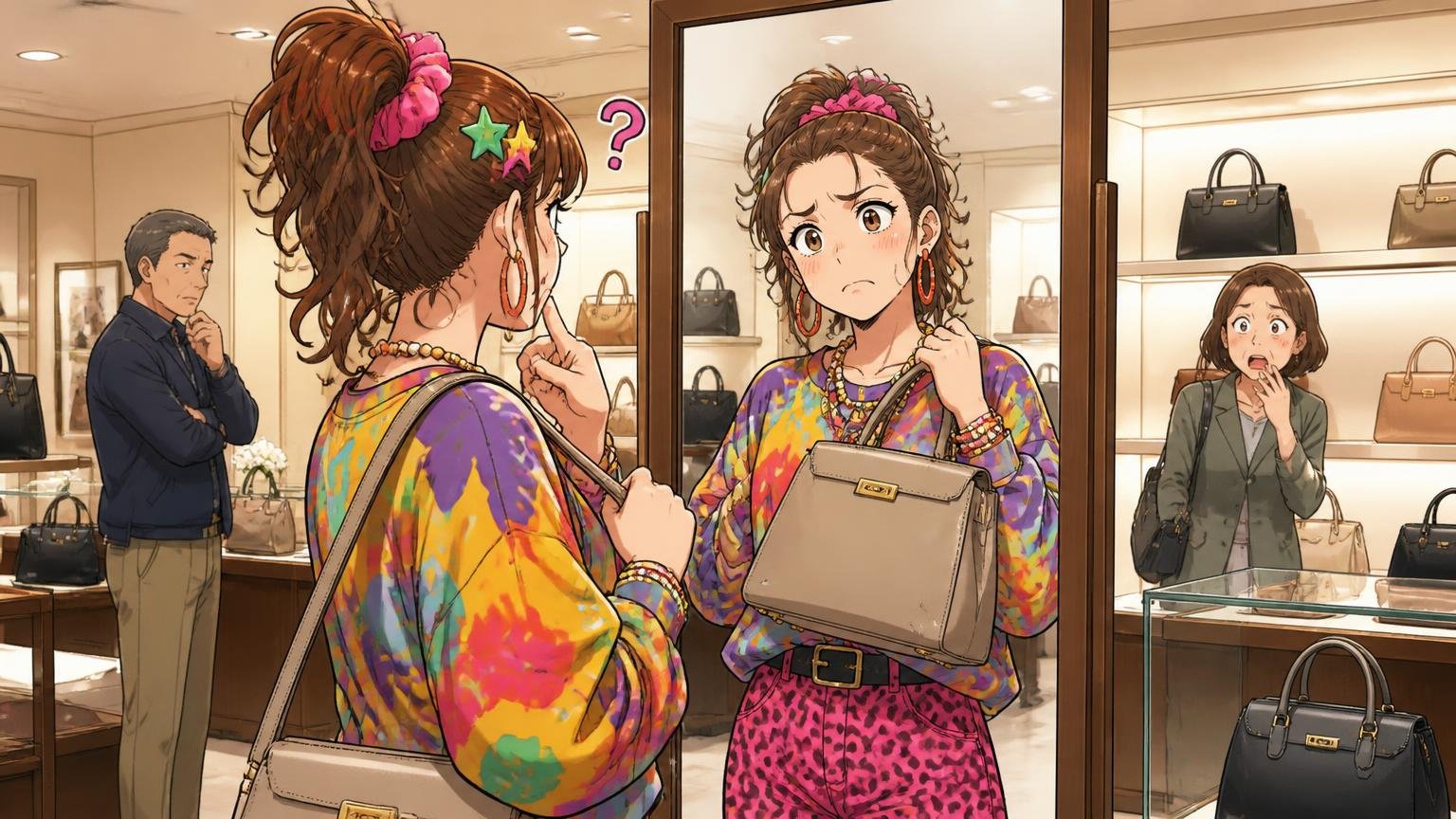 「ダサい」の正体は品質ではなく相性のズレ 百貨店の鞄売り場で派手な私服の女性が上品な革バッグを鏡の前で合わせて首をかしげる場面