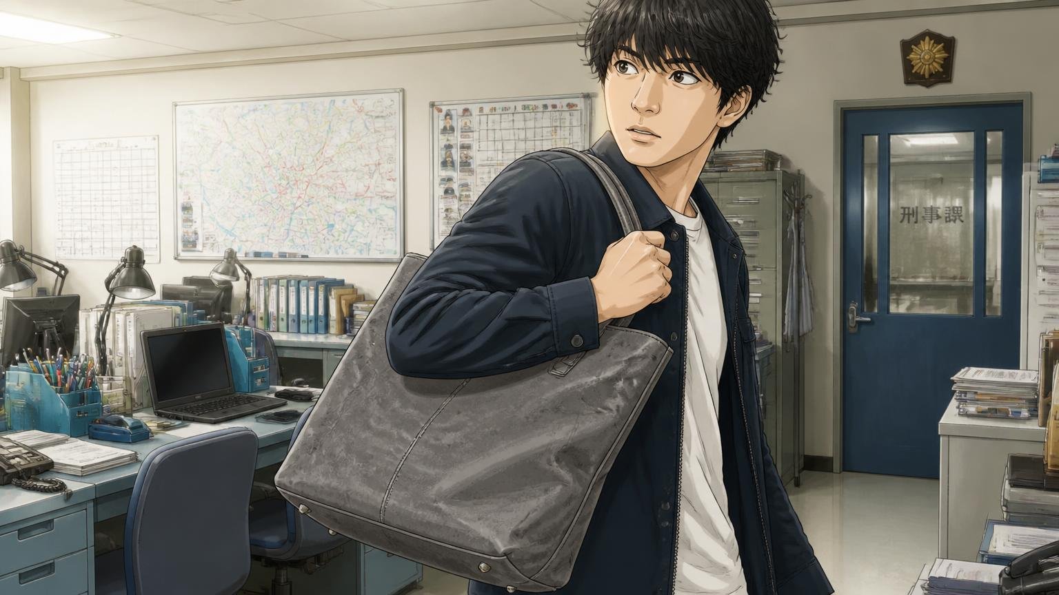 星野源さん|MIU404の志摩が持っていたグレーのアンティークレザートート。刑事部屋で男性がグレーの革トートを肩にかけ身構える場面