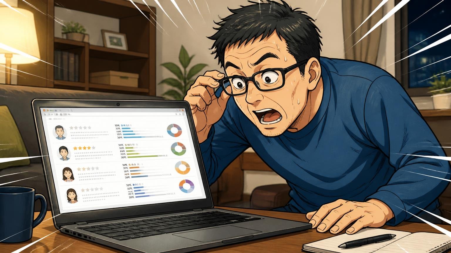 公式は年齢層を公表していない|口コミの年代表示から見える実態 夜の自宅リビングでノートパソコンの口コミ画面を見比べる40代男性1人が身を乗り出す場面