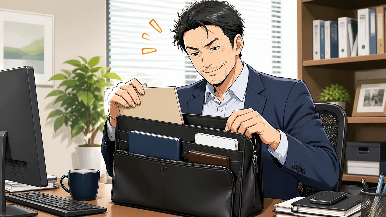 整理しやすさと買ったあとの安心で選ぶならエルゴポック、オフィスのデスクでバッグのポケットに書類を分けて入れ満足げに頷く40代男性1人