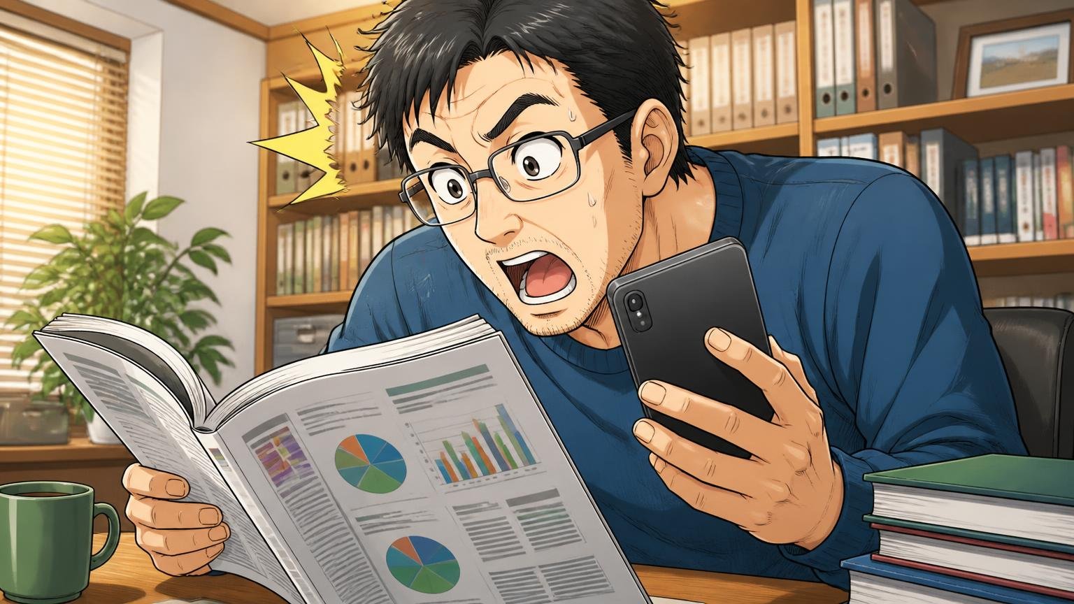公式は年齢層を公表していない 自宅の書斎で雑誌とスマホを見比べる40代男性1人が身を乗り出して驚く場面