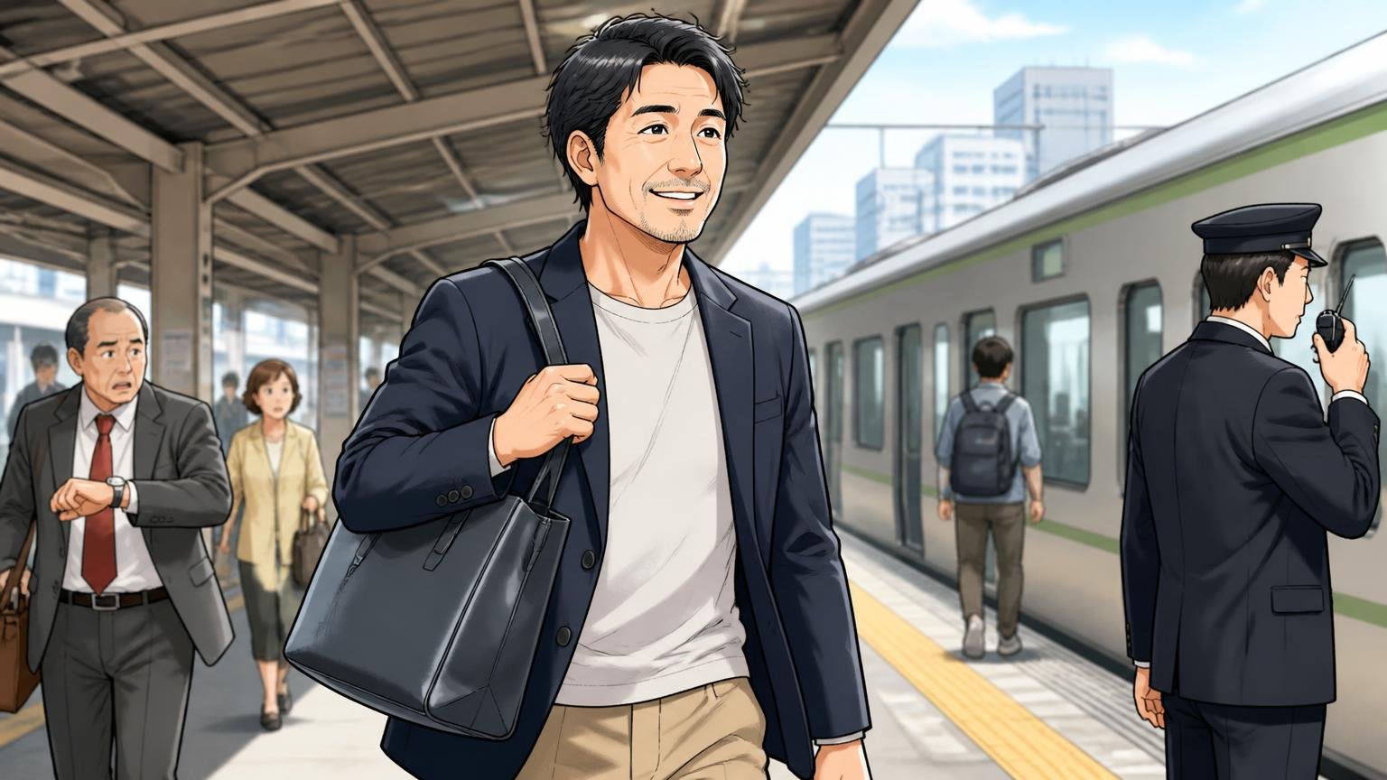 アニアリが向いているのは「軽さ・傷の目立ちにくさ・手頃さ」を優先する40代、駅のホームで軽い革トートを肩に掛け笑顔で歩く男性1人