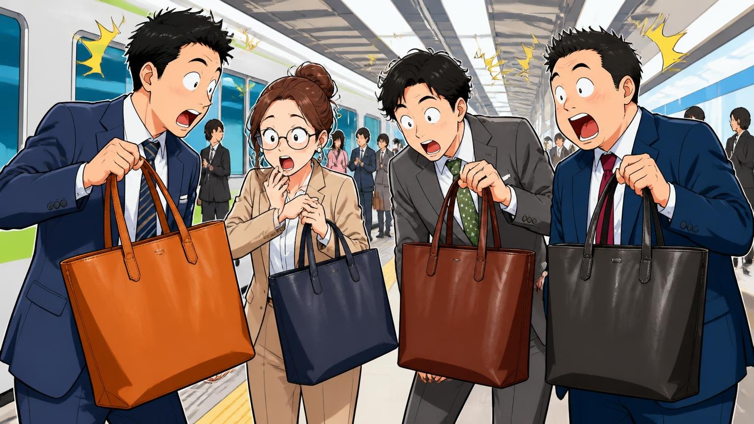 データで見ると、トートは通勤バッグの「主流」のひとつ｜朝の駅のホームで革トートを持つ会社員4人が互いのバッグを見て驚く場面