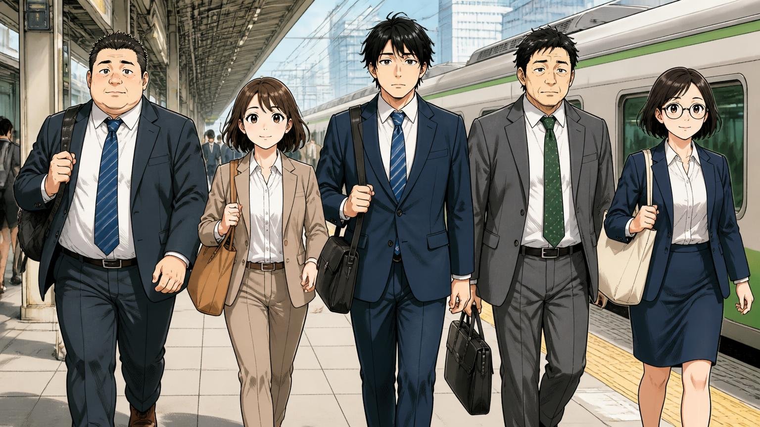 スーツ通勤の約5人に1人はトートを使っている 朝の駅のホームでスーツ姿の男女がさまざまなバッグを持つ場面 5人 前を向いて歩く
