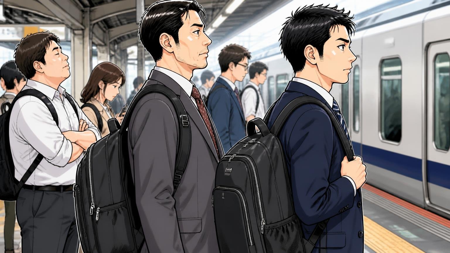 入口は「通勤用のビジネスリュック」、朝の駅のホームでビジネスリュックを背負った30代と40代の会社員が並ぶ場面