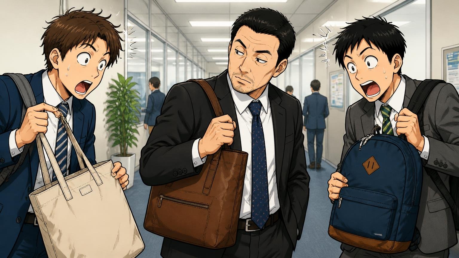 「ダサい」は主観だからこそ、自分の職場とシーンで判断する オフィスの通路で同僚のバッグを横目で見比べる40代男性1人と20代男性2人が驚く表情