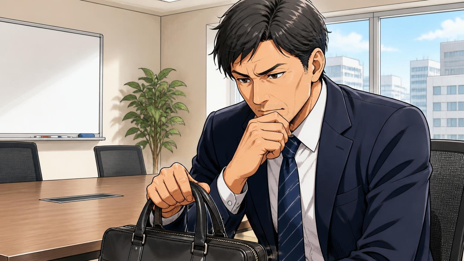 ただし40代が仕事の顔を探しているなら、比べる土俵がもうひとつある 商談前の会議室でバッグを手に考え込む40代男性1人