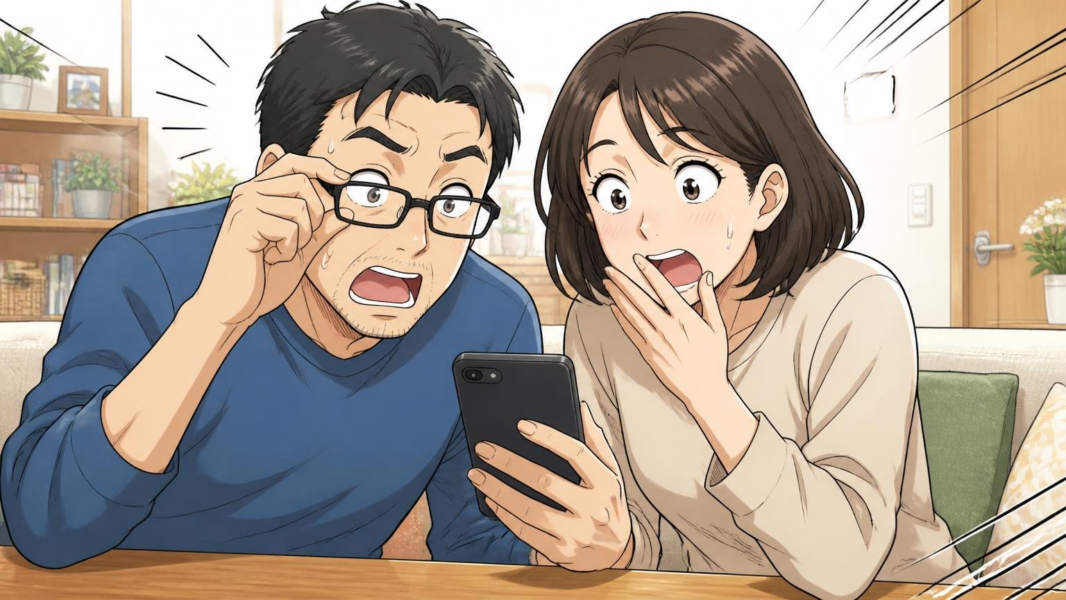 楽天のレビューでは20代から40代に分散、自宅のリビングでスマホのレビュー画面を見せ合う40代の夫婦が驚く場面