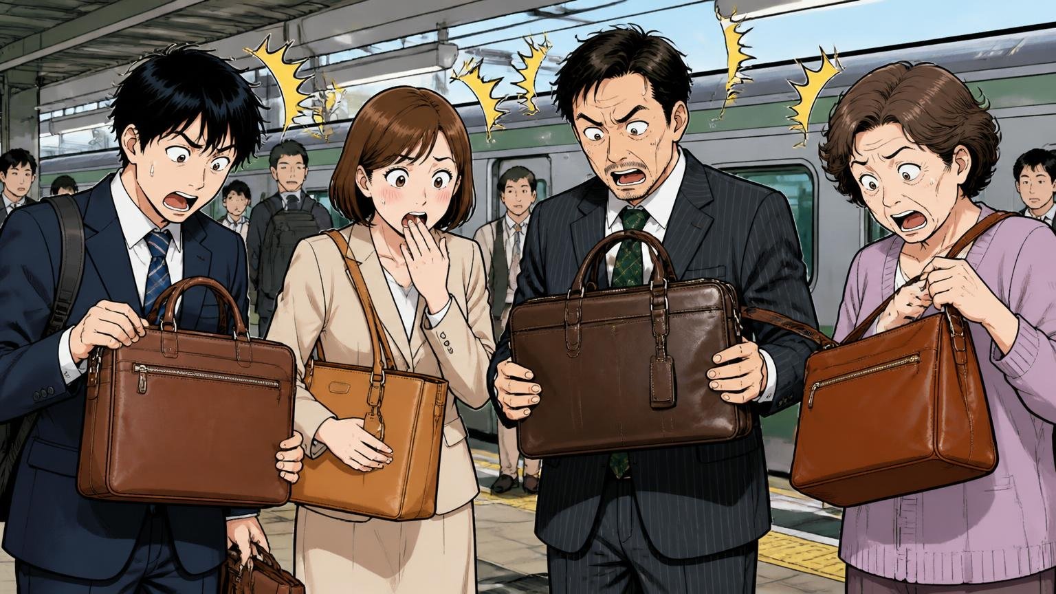 20代〜50代、年代ごとの持たれ方 通勤電車のホームで20代から50代の男女4人がそれぞれ革バッグを持ち驚く場面
