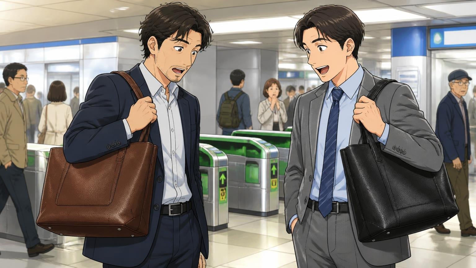 ドラマで男性俳優が持っていたバッグ 駅の改札前で革のトートを肩にかける場面 30代と40代の男性2人 互いのバッグを見て感心する
