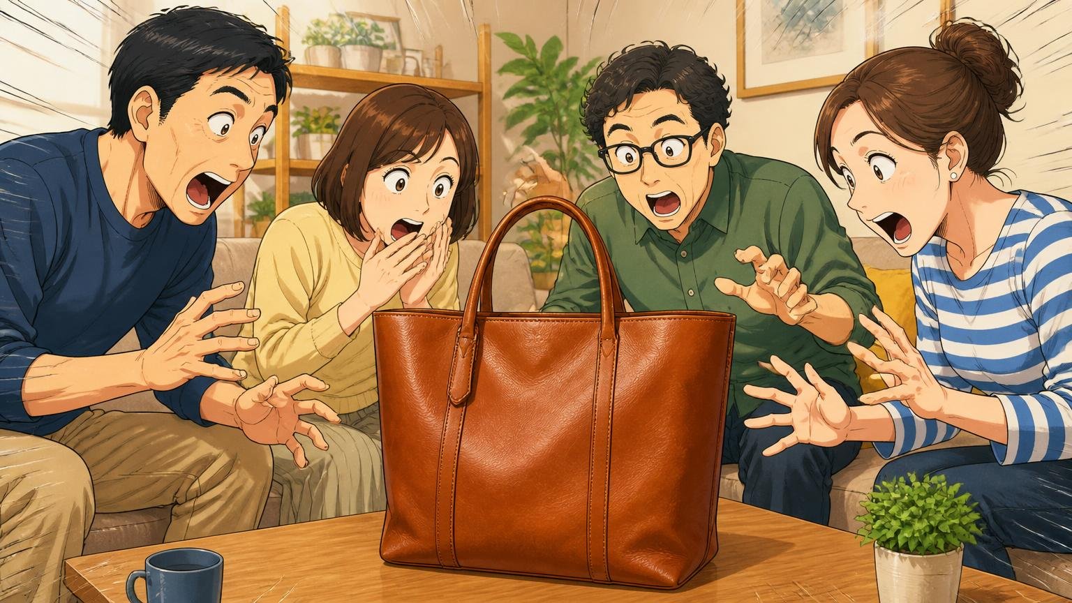 楽天レビューでは20代〜50代まで|40代の購入者も多い、リビングで革トートを囲む男女4人が驚く場面
