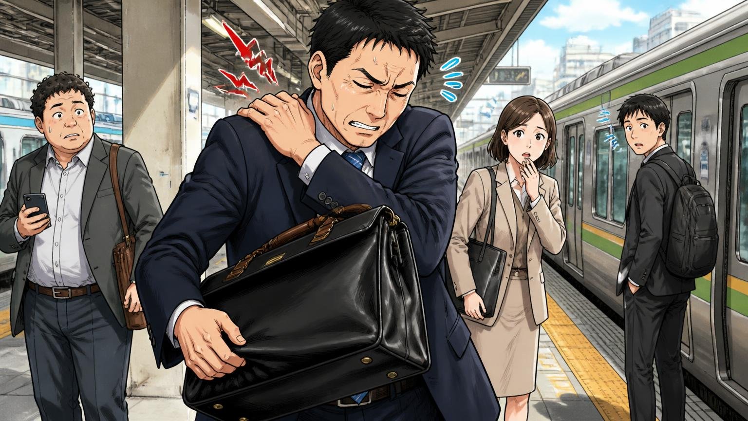 気になる評判:重い・高い・革や持ち手の感触が合わないことも 通勤電車のホームで重いダレスバッグを持ち替えて肩をさする40代男性の場面