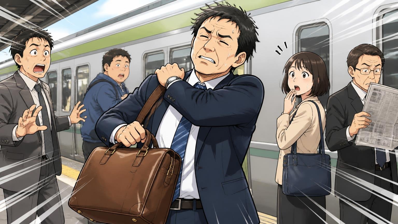 悪い評判：重い・高い・欲しい時に買えない。通勤電車のホームで重い革バッグを持ち替える40代男性1人が肩を回す場面