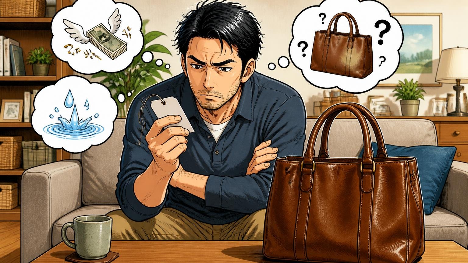 気になる評判のまとめ|価格・色の変化・水への気遣い、自宅のリビングで値札と革バッグを見比べて腕組みする40代男性1人