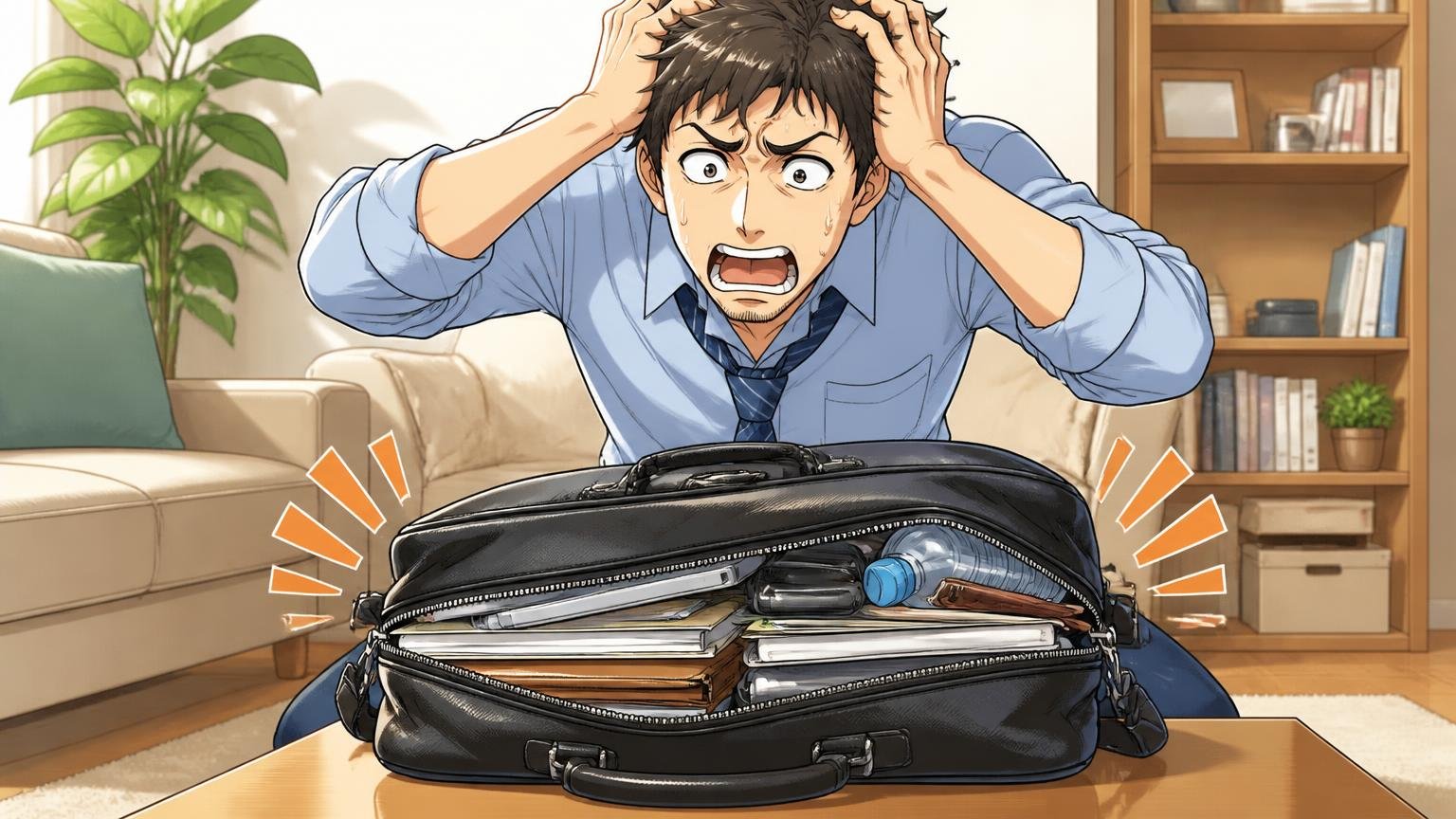 悪い口コミに多いのは「薄マチ・傷・持ち手の長さ」自宅のリビングで荷物を詰めすぎた薄いブリーフケースのファスナーが閉まらず頭を抱える男性