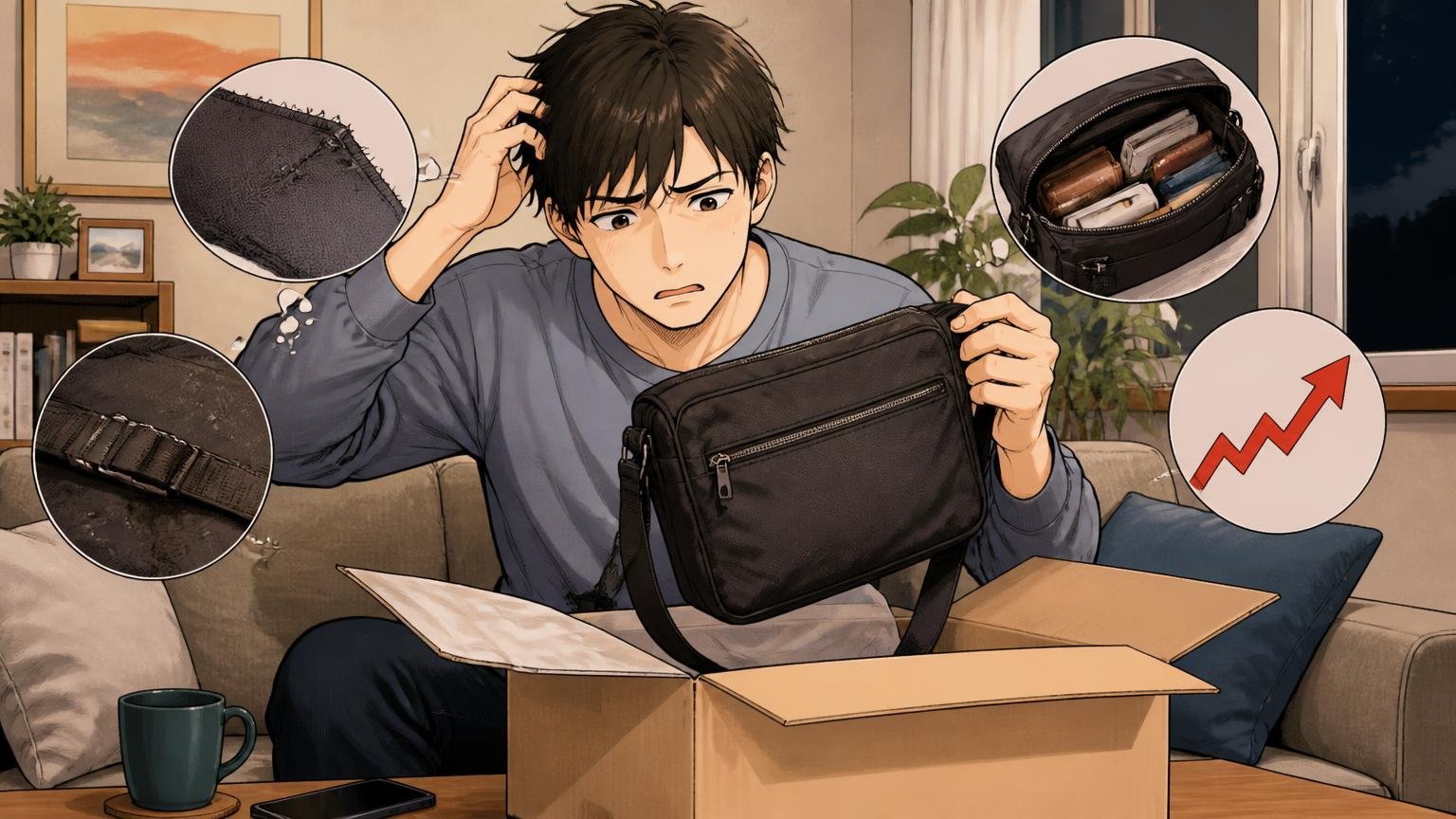 悪い評判:届いた直後の質感、汗での色落ち、容量、値上がり、夜のリビングで届いたバッグの箱を開けて首をかしげる男性1人の場面