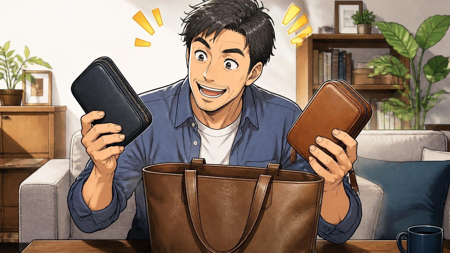 全部やらなくていい、まずは1〜2個だけ選べばいい理由、自宅のリビングで革トートを前に40代男性が2つのポーチを選び納得する場面