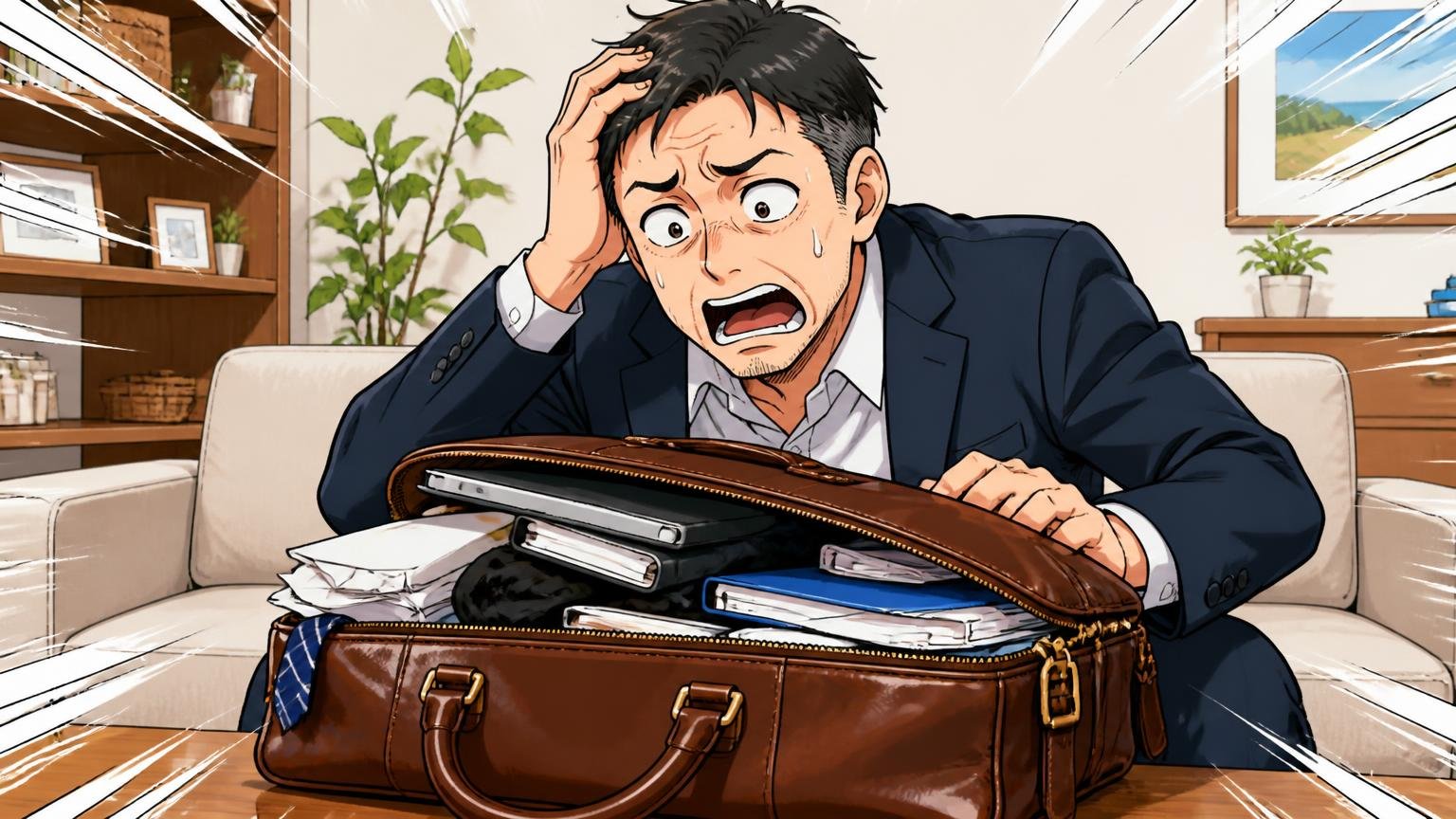 気になる口コミ:「入らない」「仕切りが使いにくい」という声 自宅のリビングで荷物が入りきらない革のブリーフケースを前に頭を抱える40代男性1人