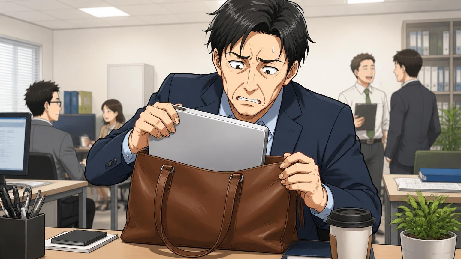 気になる口コミ|重さ・PC収納・口の閉じ方に不満の声も オフィスのデスクで革トートからノートPCを出し入れして困った顔をする40代男性1人