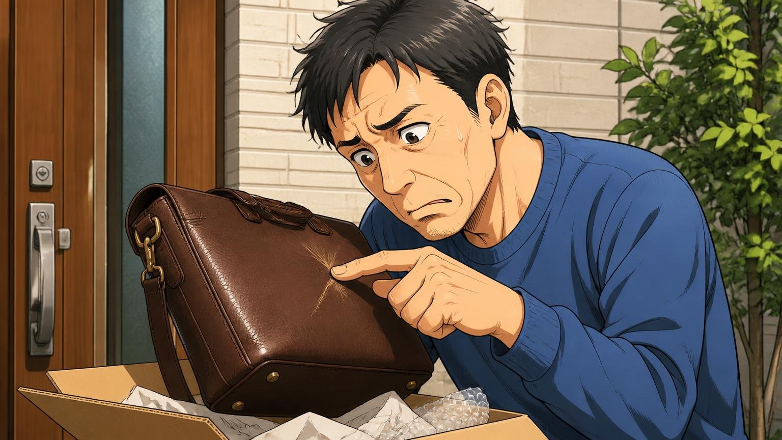 悪い評判のまとめ 玄関先で届いた革バッグの傷を指でなぞり困った顔をする40代男性1人