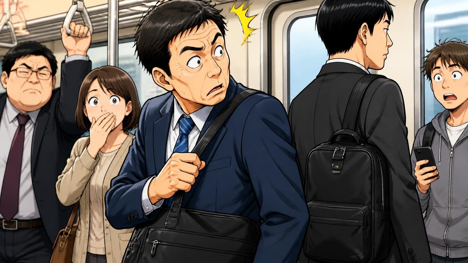 悪い評判:ファスナーの硬さと人とかぶる問題。朝の通勤電車で同じ黒いナイロンバッグを持つ人に気づき、思わず二度見する40代男性と周りの乗客3人