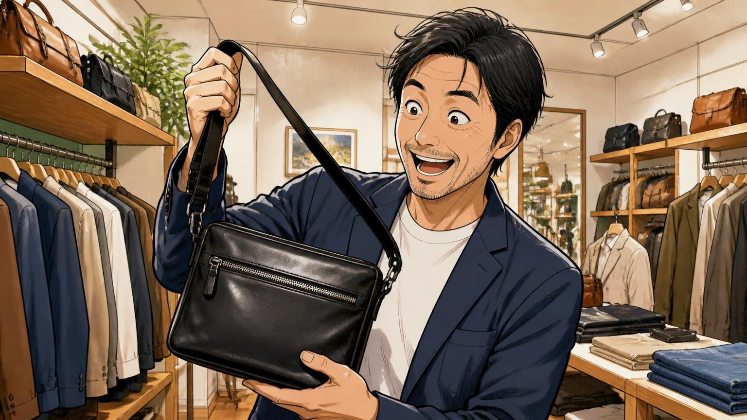 良い口コミ:日本製の作り・馬革の軽さ・手頃な価格 セレクトショップの店内で馬革のショルダーバッグを手に取る場面 40代男性1人が軽さに驚き笑顔になる