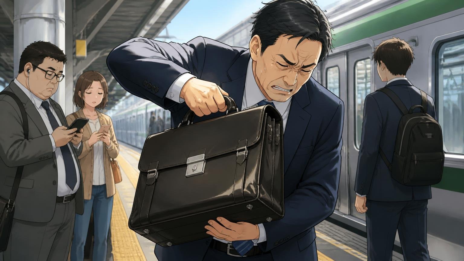 悪い評判:重い・スーツに合わない 朝の駅のホームでスーツ姿の会社員が重そうなブリーフケースを持ち直す場面 40代男性1人が顔をしかめる