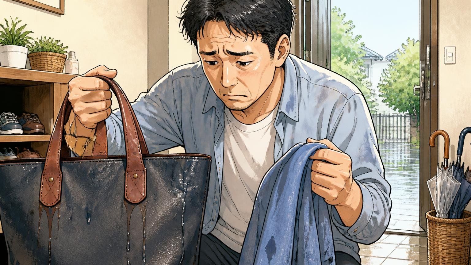 悪い評判は「雨の色落ち」「形崩れ」「縫製と細部」「思ったより小さい」 雨上がりの玄関で色落ちした革のトートの持ち手とシャツを見比べる40代男性1人が肩を落とす場面